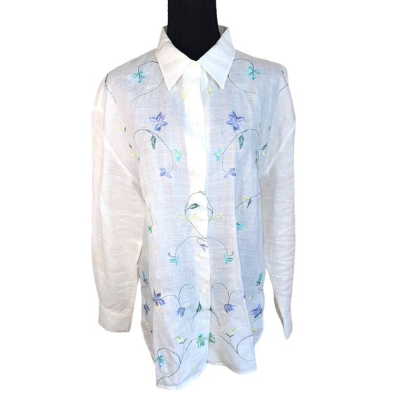 Allison Taylor Floral Embroidered 100% Linen Button-Up Blouse XL White Coastal - Picture 1 of 7